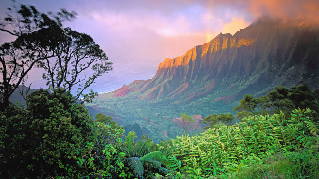 Mountain forest water sunset clouds free wallpaper - medium preview image