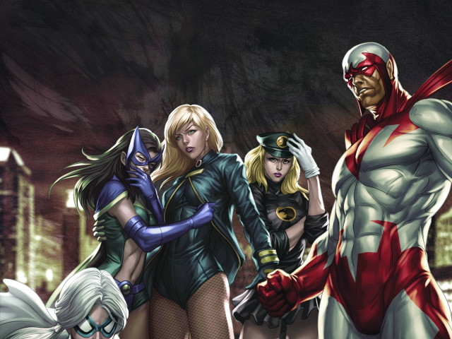 Superheroes city night skyline group free wallpaper - medium preview image