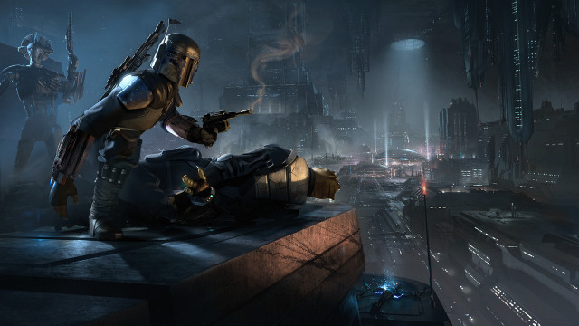 Futuristic man gun pointing cityscape free wallpaper - medium preview image