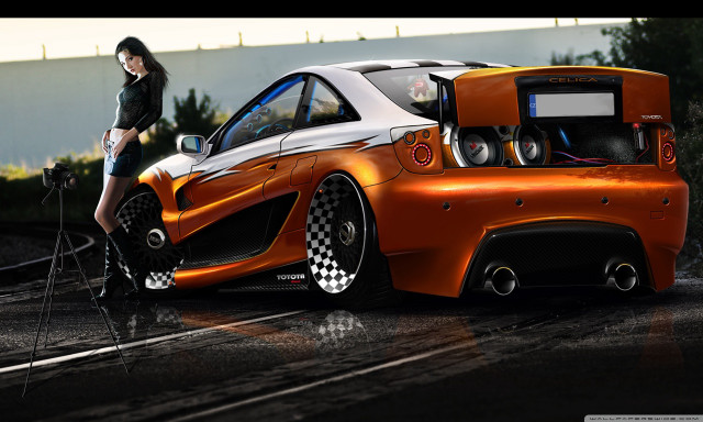 Woman car checkered bike standing free wallpaper - medium preview image
