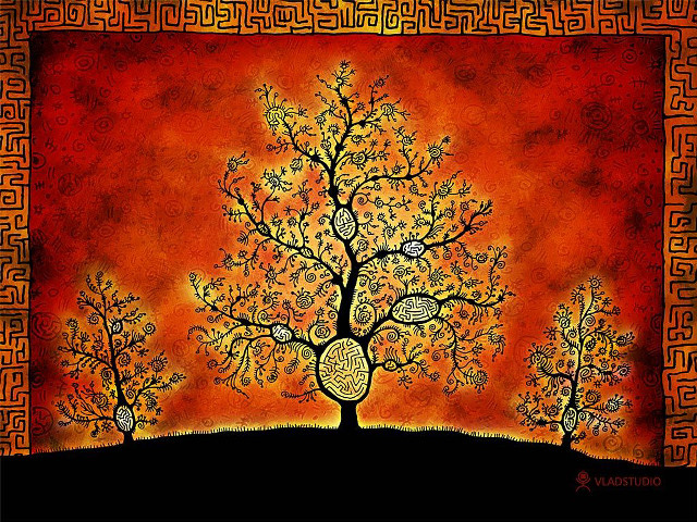 Tree red background gold border free wallpaper - medium preview image