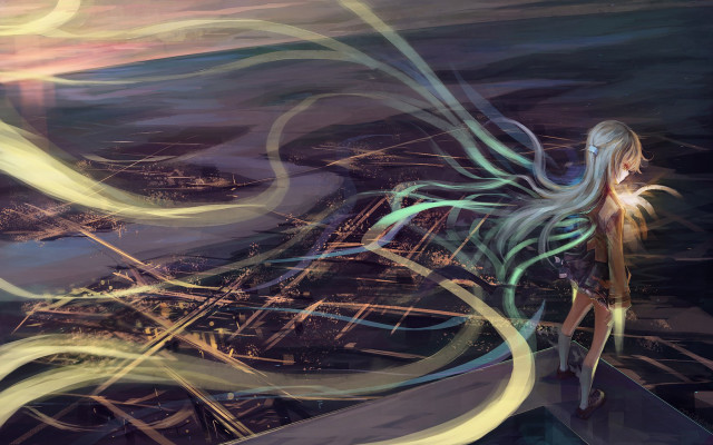 Woman standing ledged city painting free wallpaper - medium preview image