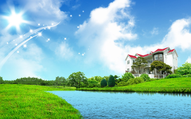 Hill river house bridge forest free wallpaper - medium preview image