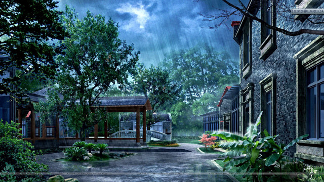 Rainy street gazebo trees bench #2 free wallpaper - medium preview image