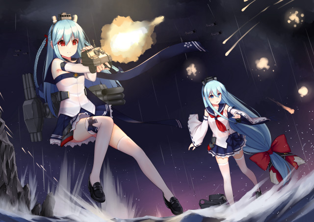 Anime girls rain guns holding free wallpaper - medium preview image