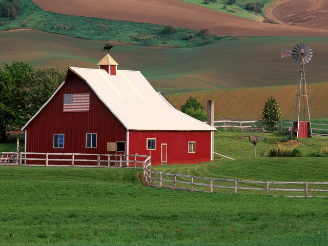Red barn windmill green field free wallpaper - medium preview image