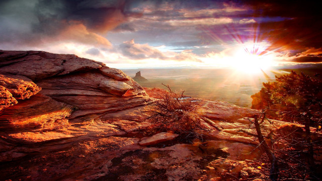 Sunset rocky cliff valley view free wallpaper - medium preview image