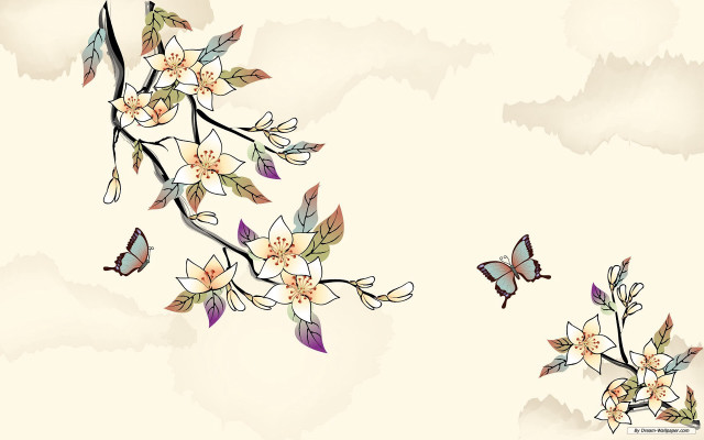 Branch flowers butterflies sky clouds free wallpaper - medium preview image