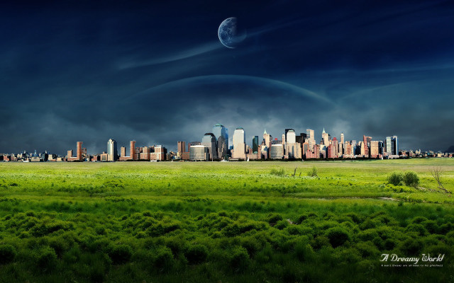 City skyline moon green field free wallpaper - medium preview image