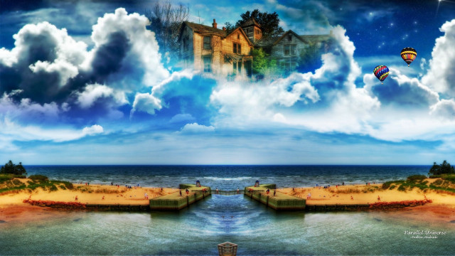 Surreal house beach pier hotairballoons free wallpaper - medium preview image