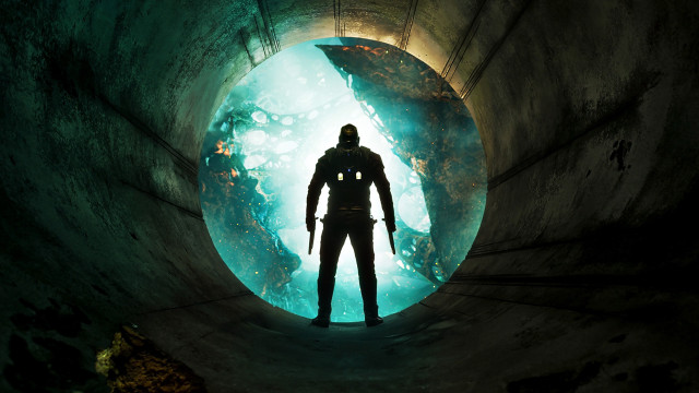 Man tunnel gun flashlight standing free wallpaper - medium preview image