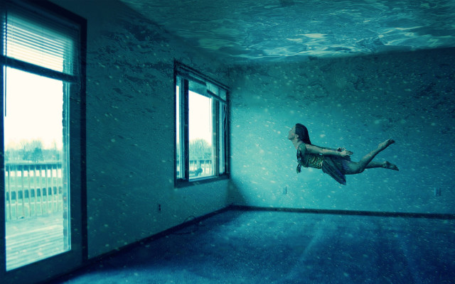 Woman floating room window sky free wallpaper - medium preview image