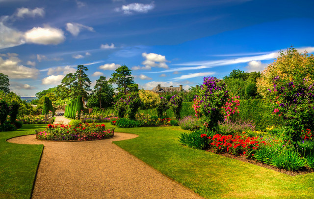 Garden pathway flowers trees castle free wallpaper - medium preview image