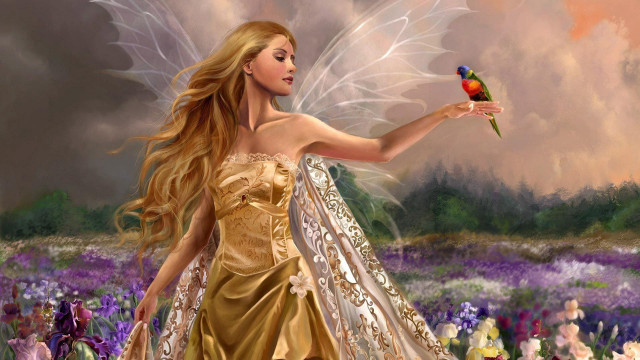 Woman gold dress holding bird free wallpaper - medium preview image