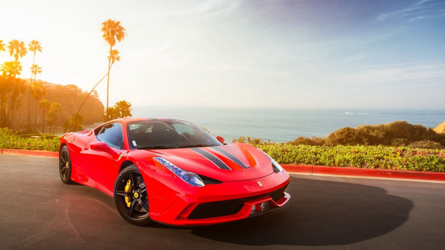 Red sports car ocean palm free wallpaper - medium preview image