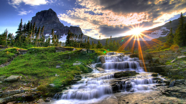 Waterfall mountain sun clouds forest #3 free wallpaper - medium preview image