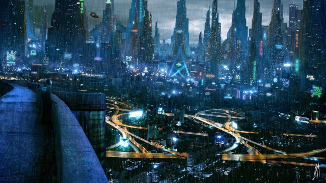 Cyberpunk cityscape nightlights afrofuturism fireworks free wallpaper - medium preview image