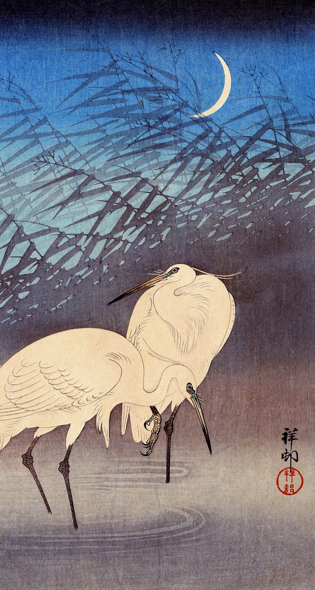 Birds water moon chinese writing free wallpaper - medium preview image