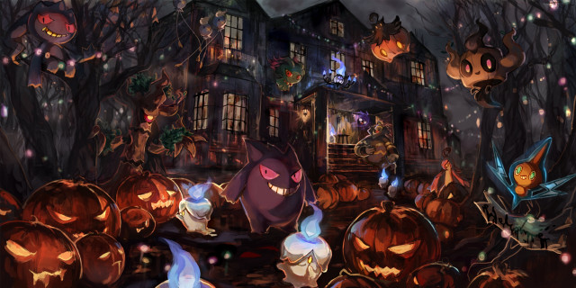 Pumpkins house lights cat autumn free wallpaper - medium preview image