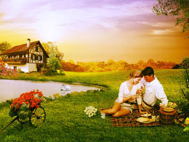 Man woman blanket field lake free wallpaper - medium preview image