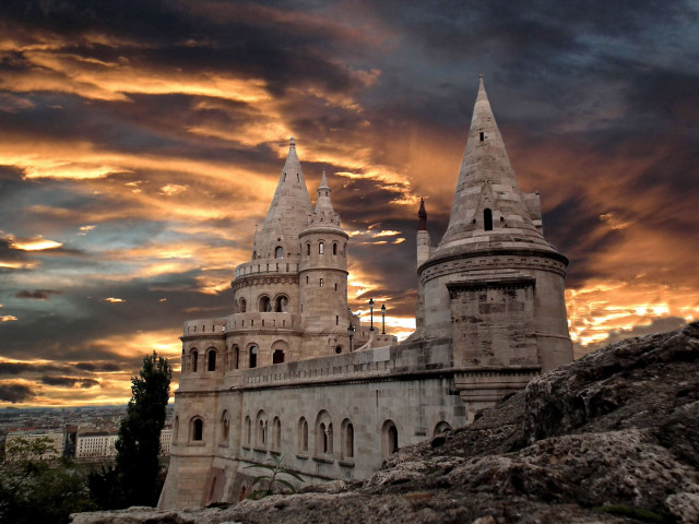 Castle tower clock sunset clouds free wallpaper - medium preview image