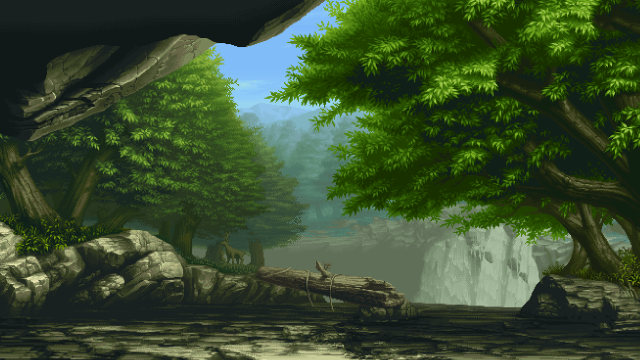 Forest waterfall trees man rock free wallpaper - medium preview image