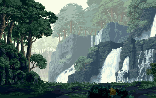 Waterfall man forest trees painting free wallpaper - medium preview image