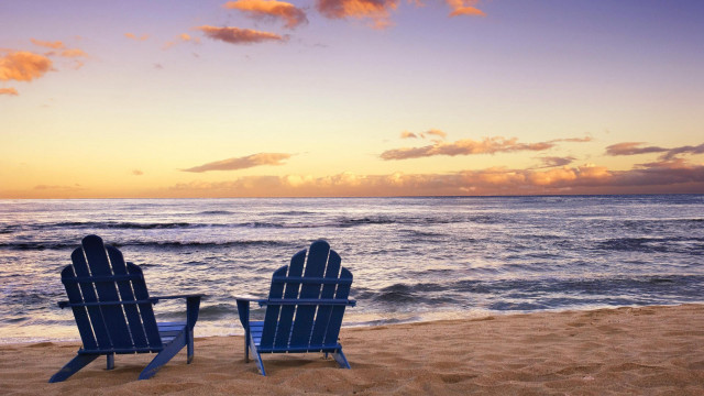 Blue chairs sandy beach ocean free wallpaper - medium preview image