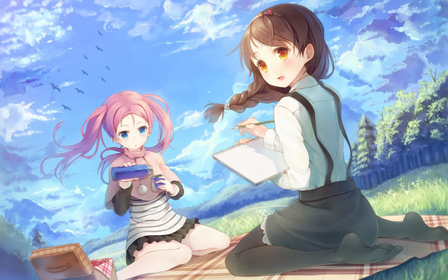 Anime girls bench blue sky free wallpaper - medium preview image