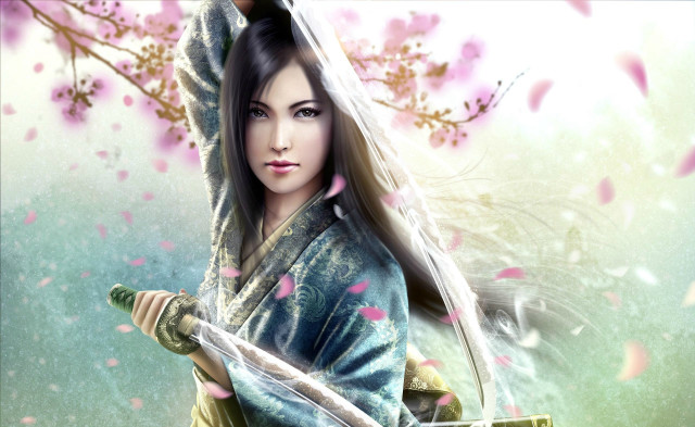 Woman sword painting pink flowers free wallpaper - medium preview image
