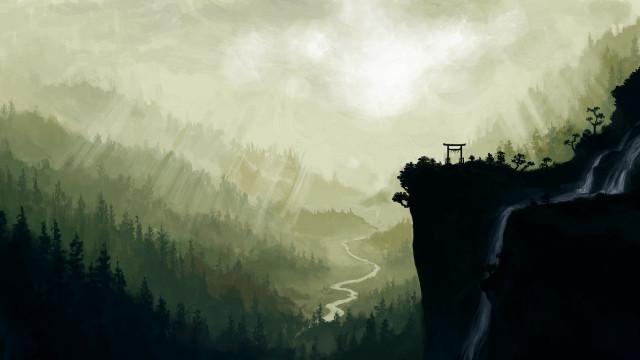 Mountain waterfall bridge distance sky free wallpaper - medium preview image