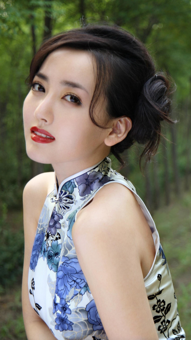 Woman red lipstick forest trees free wallpaper - medium preview image