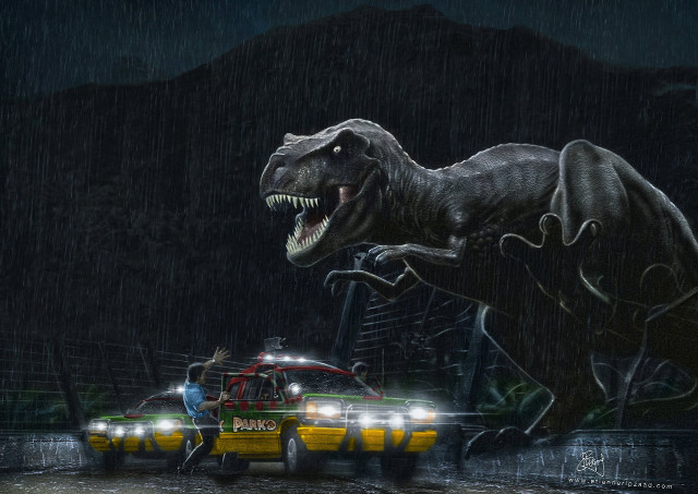 Dinosaur attacking taxi rain man free wallpaper - medium preview image