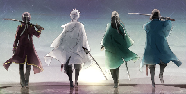 Anime characters swords standing line free wallpaper - medium preview image