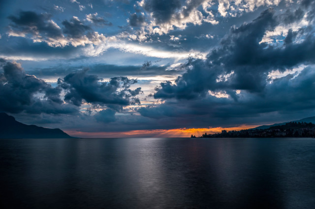 Sunset water clouds mountain trees free wallpaper - medium preview image