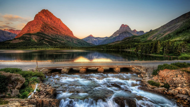 Bridge waterfall river mountains sunset free wallpaper - medium preview image