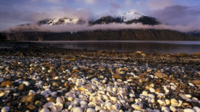 Rocky beach mountain clouds water free wallpaper - medium preview image