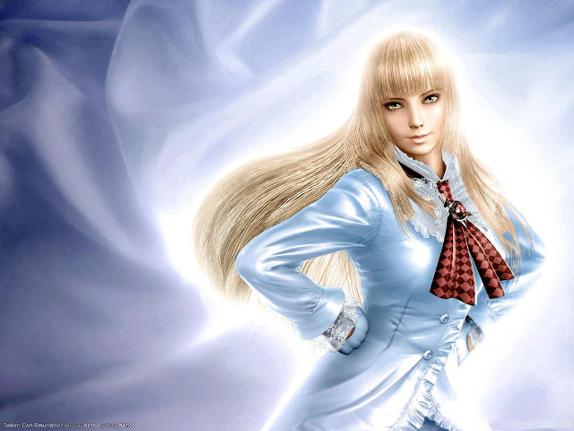 Blonde woman blue shirt red free wallpaper - medium preview image