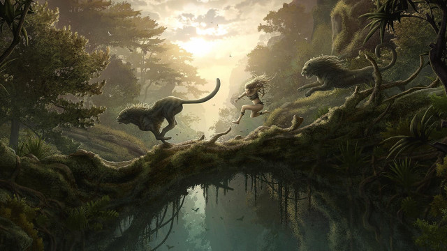 Jungle girl dinosaur tree branch free wallpaper - medium preview image