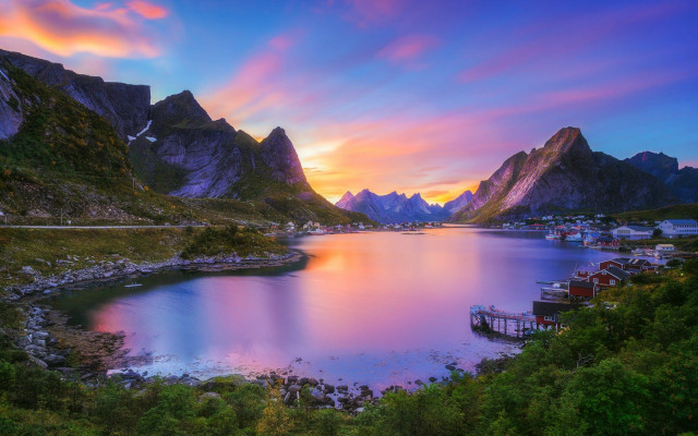 Sunset mountain lake dock background free wallpaper - medium preview image