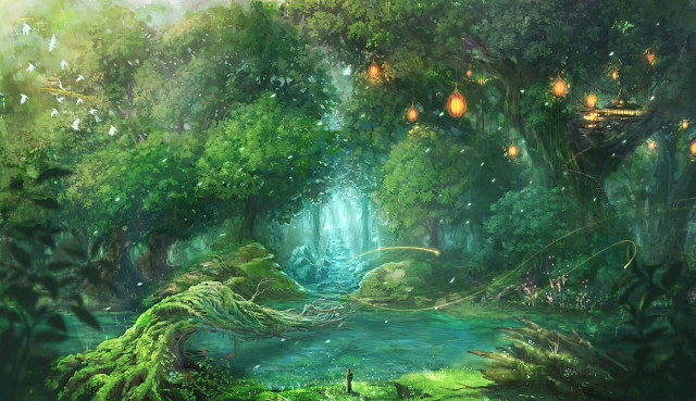Forest stream trees man standing free wallpaper - medium preview image