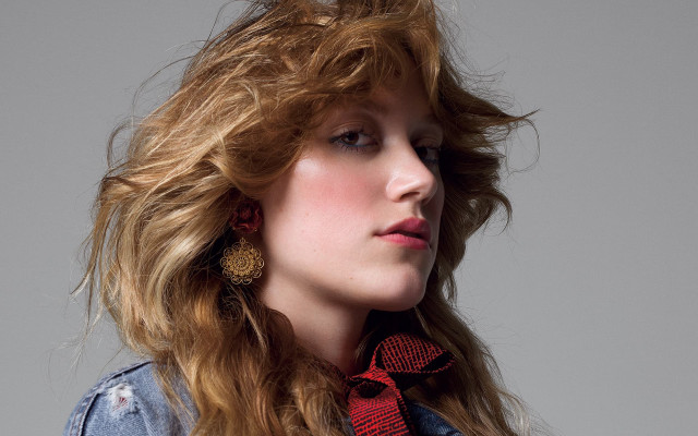 Woman denim jacket red tie free wallpaper - medium preview image