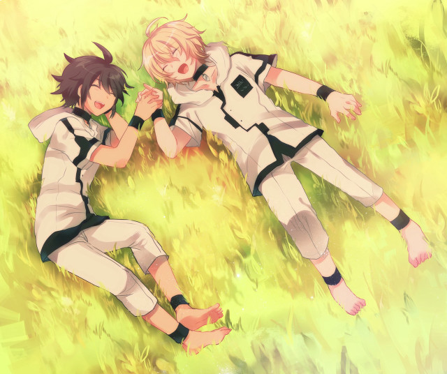 Anime characters laying grass together free wallpaper - medium preview image