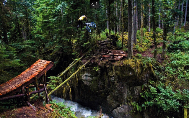 Bike jump waterfall woods bridge free wallpaper - medium preview image