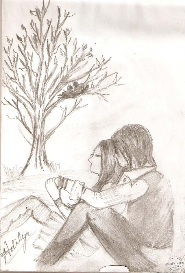 Couple sitting tree bird flying free wallpaper - medium preview image