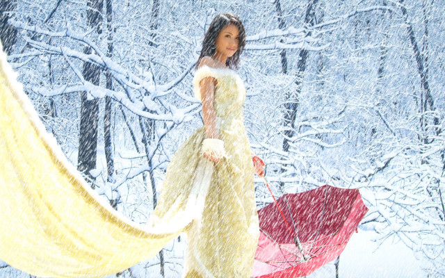 Woman white dress red umbrella free wallpaper - medium preview image
