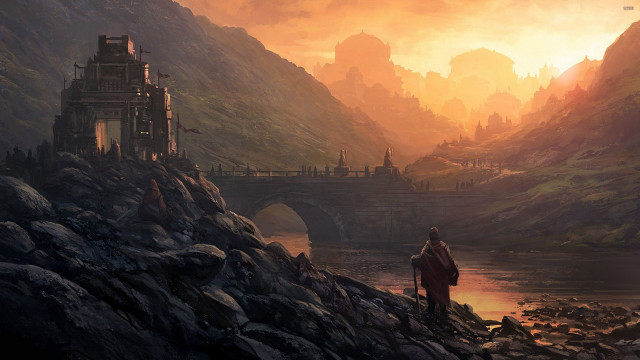 Man standing rocky cliff river free wallpaper - medium preview image