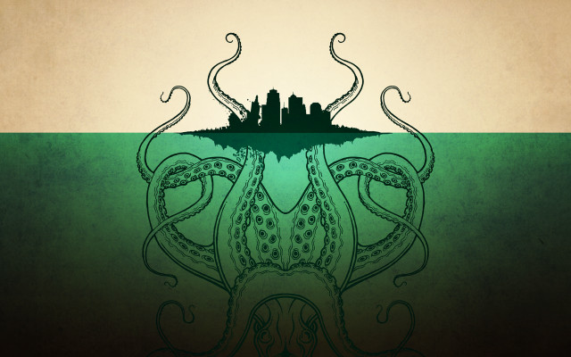Octopus swimming city background city free wallpaper - medium preview image