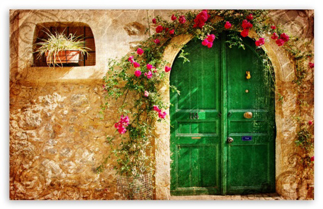 Green door flowered vine window free wallpaper - medium preview image