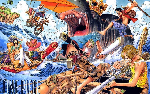 Cartoon people boat ocean shark free wallpaper - medium preview image